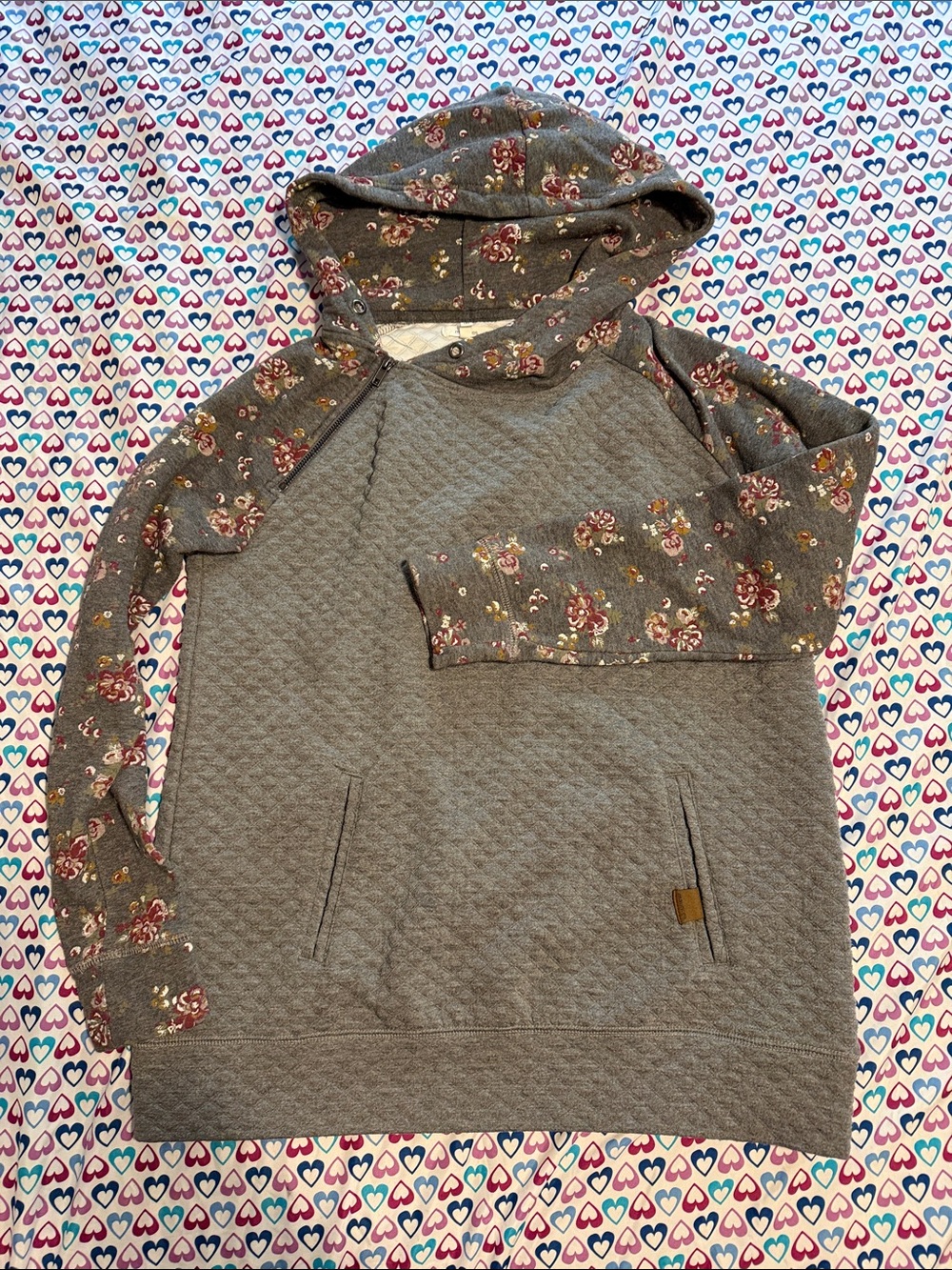 Maurices Gray Quilted Hoodie with Floral Raglan Sleeves